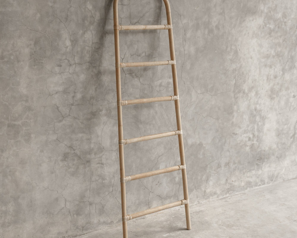 Decorative bamboo ladder leaning against a concrete wall (ELE127_1)