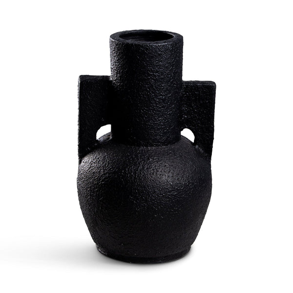 Black textured vase with handles