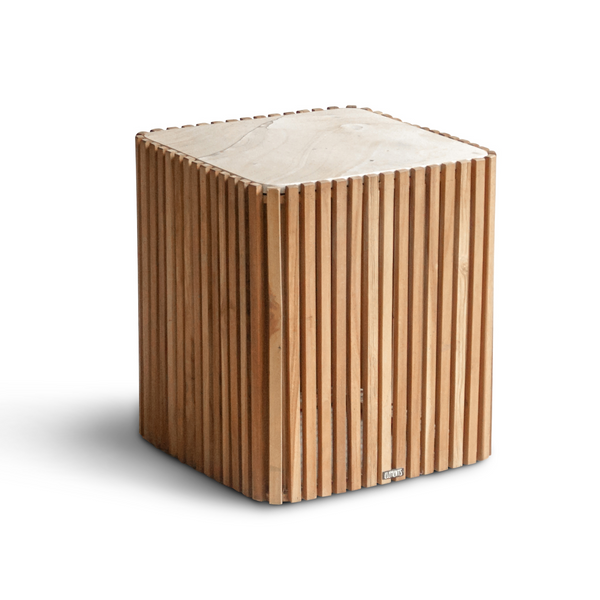 Wooden cube stool with a white cushion on a white background