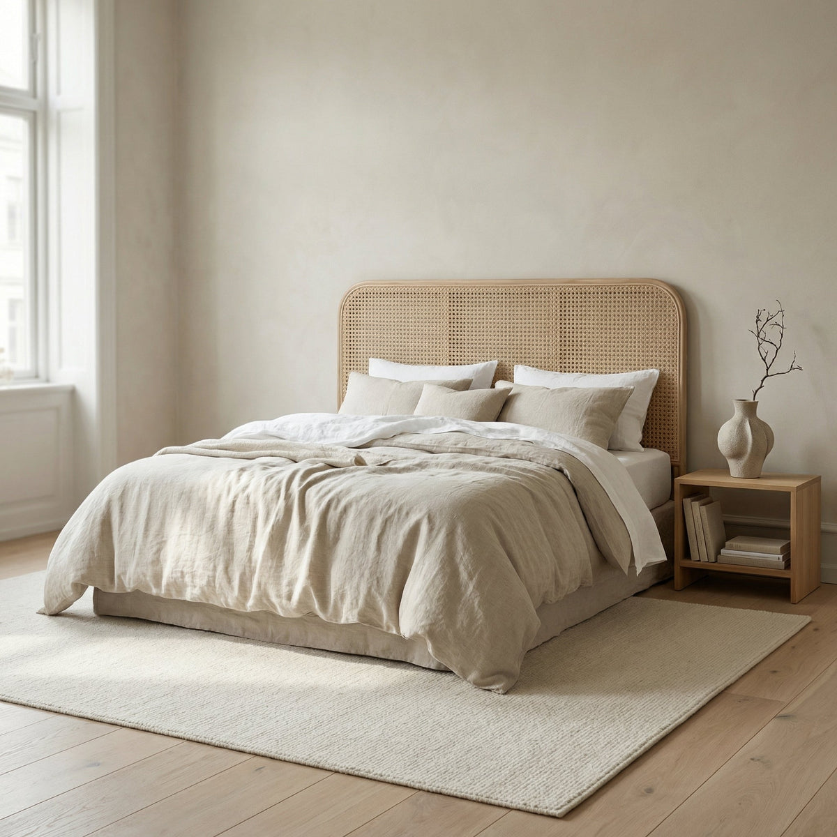 Neatly made bed with beige bedding in a room with a wooden floor and a vase on a nightstand.