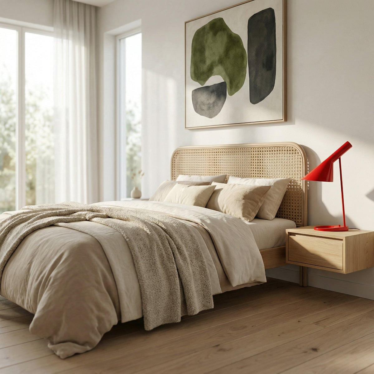 Modern bedroom with a bed, nightstand, and wall art