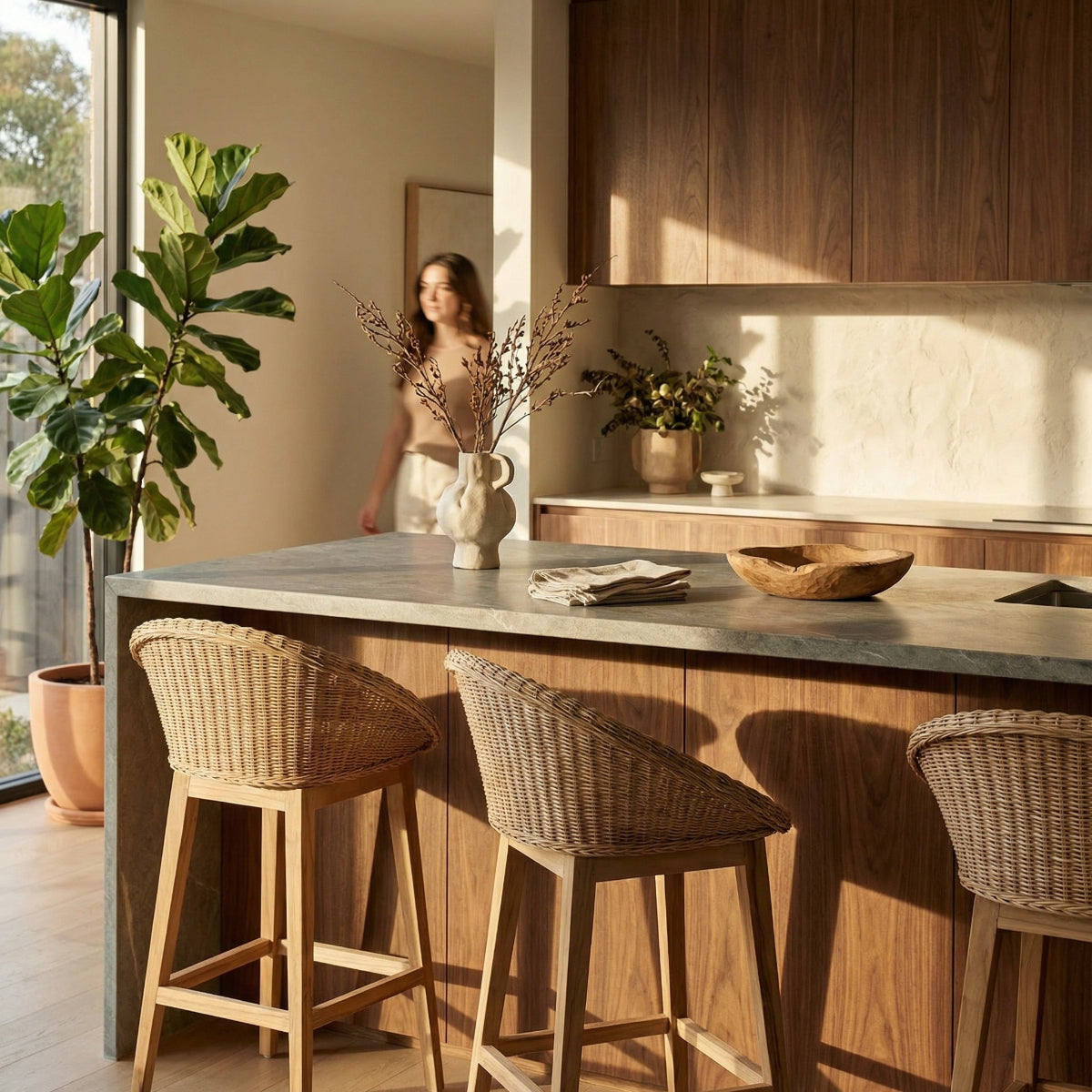 Modern kitchen with wooden island, wicker stools, and a woman in the background.