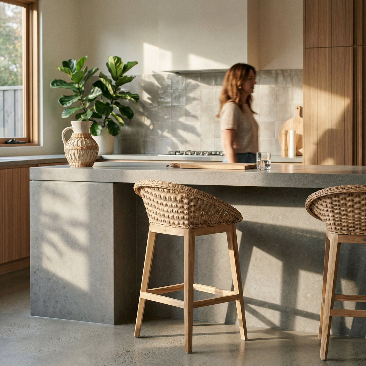 Modern kitchen with concrete island, wicker stools, and a person in the background.