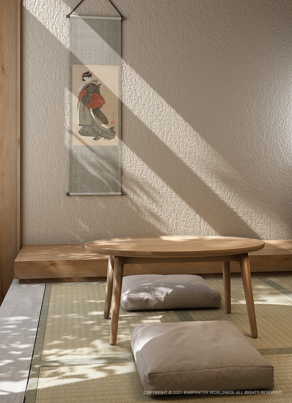 East coffee table in Japanese-inspired room with art.