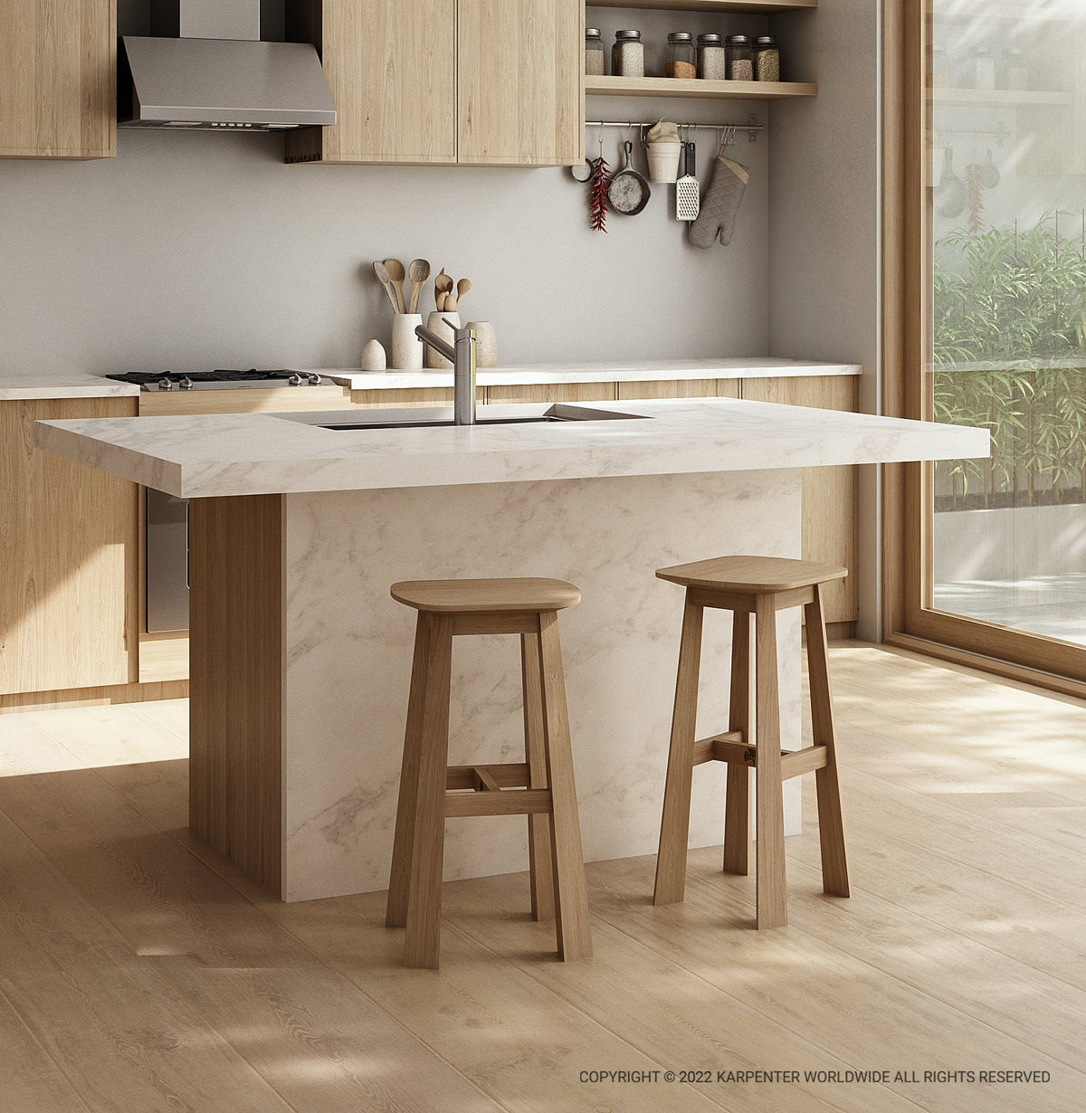East Rectangular Counter Stool in kitchen with marble island