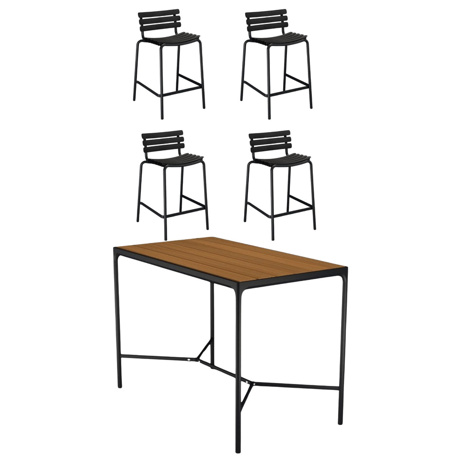 Four Bamboo Bar Table (160cm) with 4 Counter Stools - Black