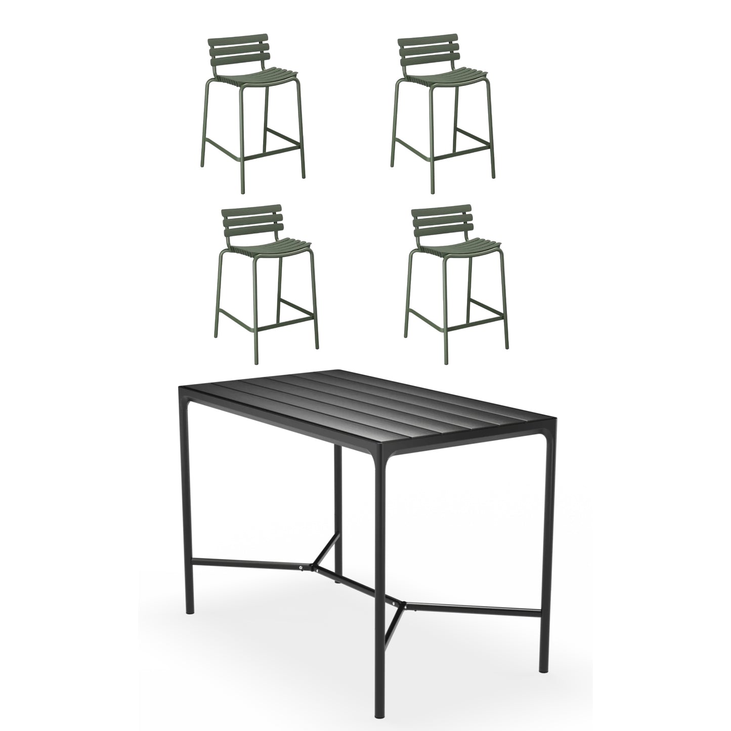 Four Black Bar Table (160cm) with 4 Counter Stools - Green