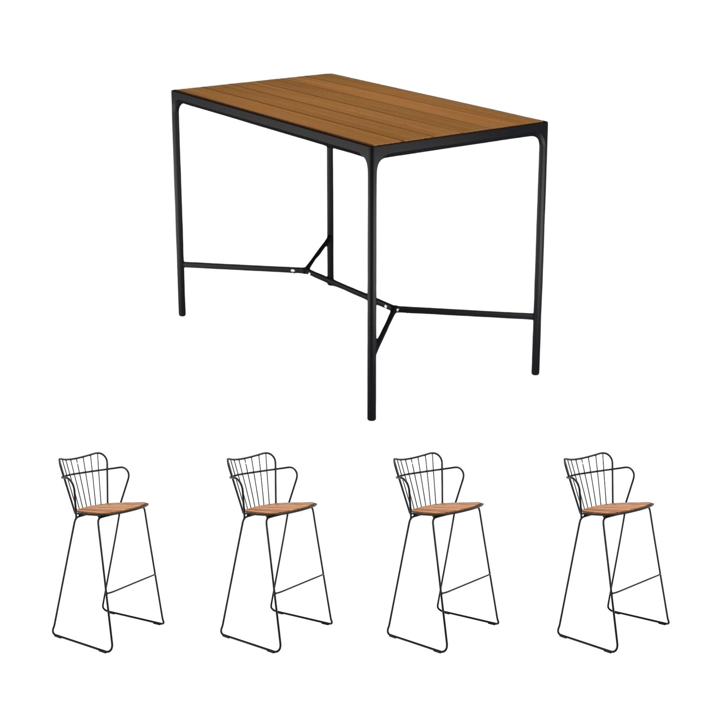 Four Square Bamboo Bar Table (160cm) with 4 Paon Bar Chairs - Black