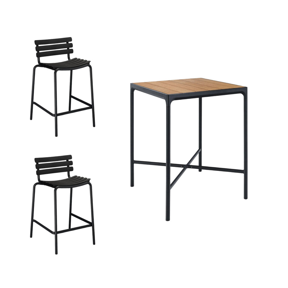 Four Square Bamboo Bar Table (90cm) with 2 Counter Stools - Black