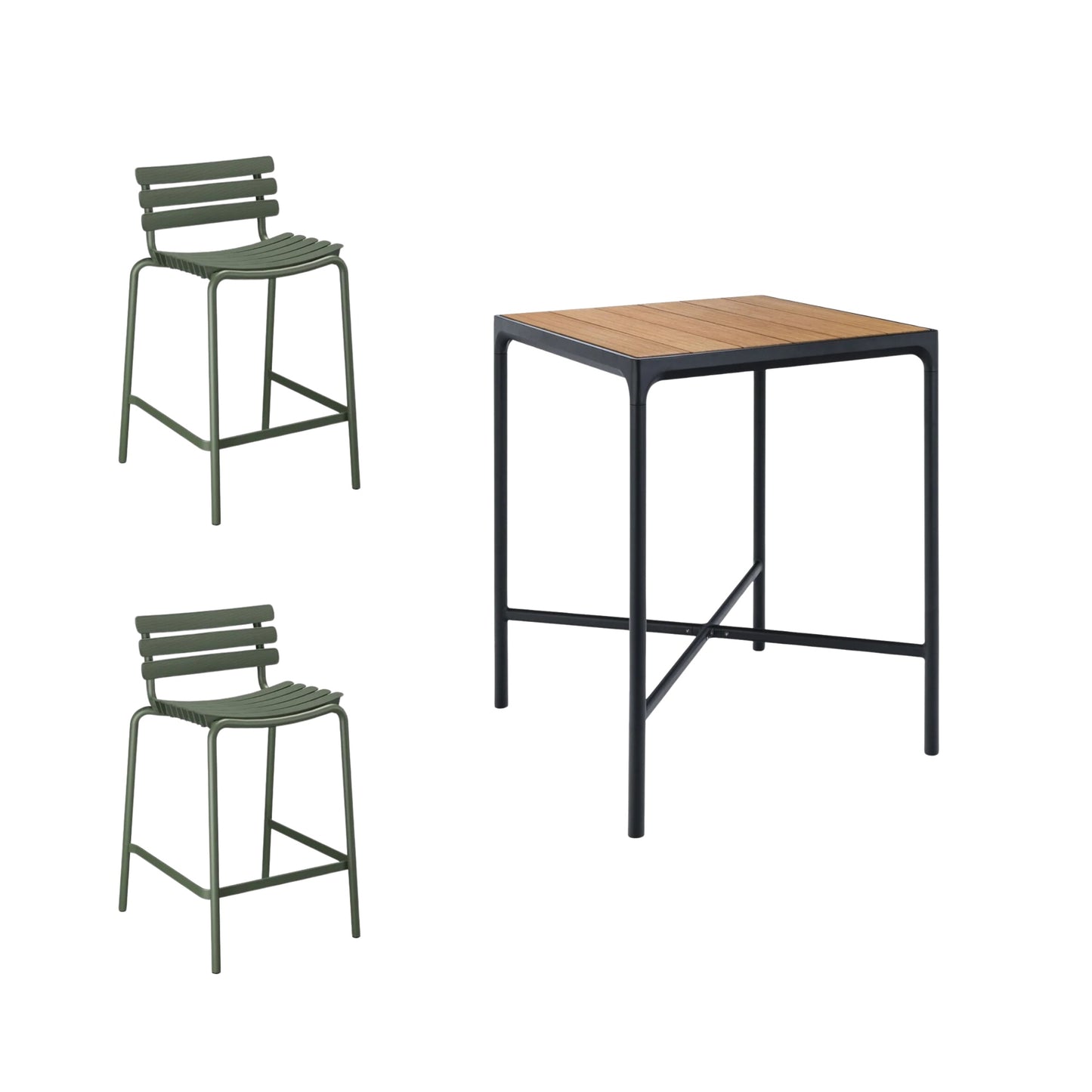 Four Square Bamboo Bar Table (90cm) with 2 Counter Stools - Green