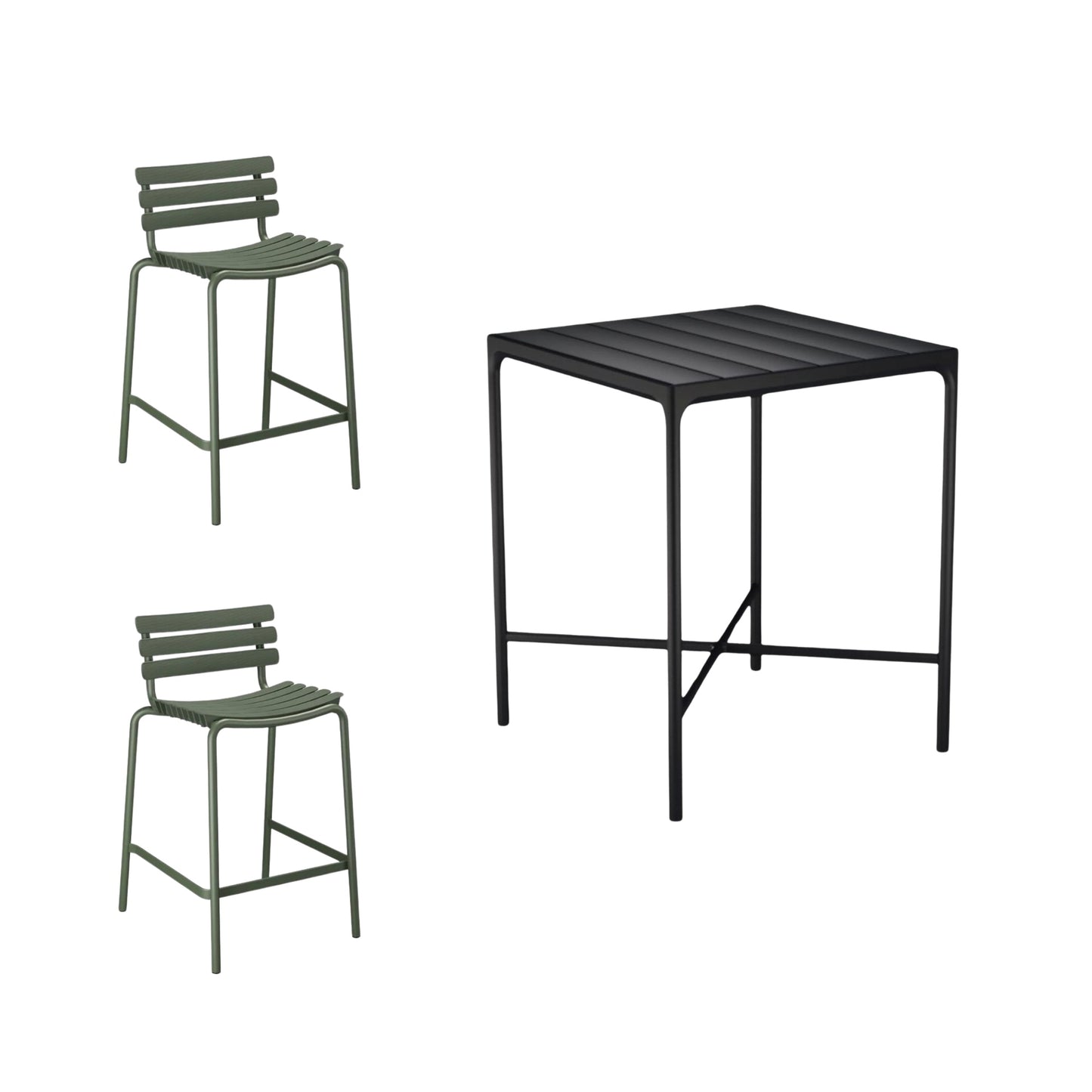 Four Square Black Bar Table (90cm) with 2 Counter Stools - Green