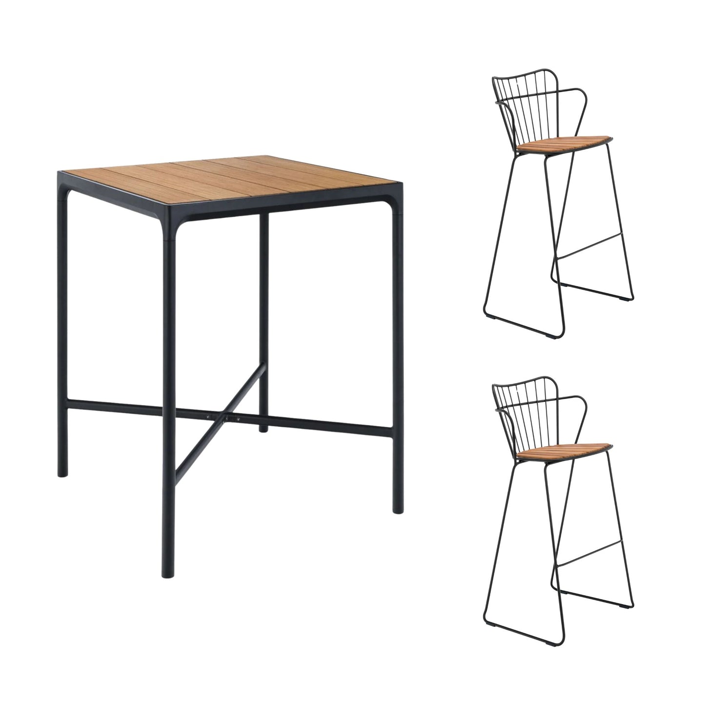 Four Square Bamboo Bar Table (90cm) with 2 Paon Bar Chairs - Black