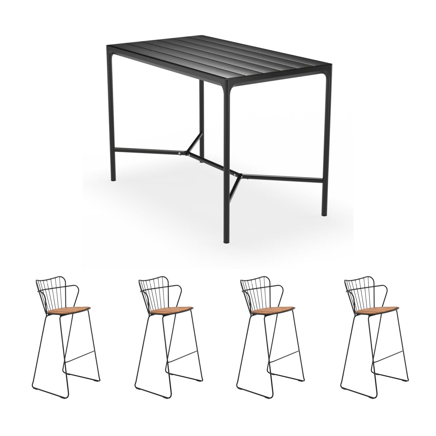 Four Square Black Bar Table (160cm) with 4 Paon Bar Chairs - Bamboo & Black