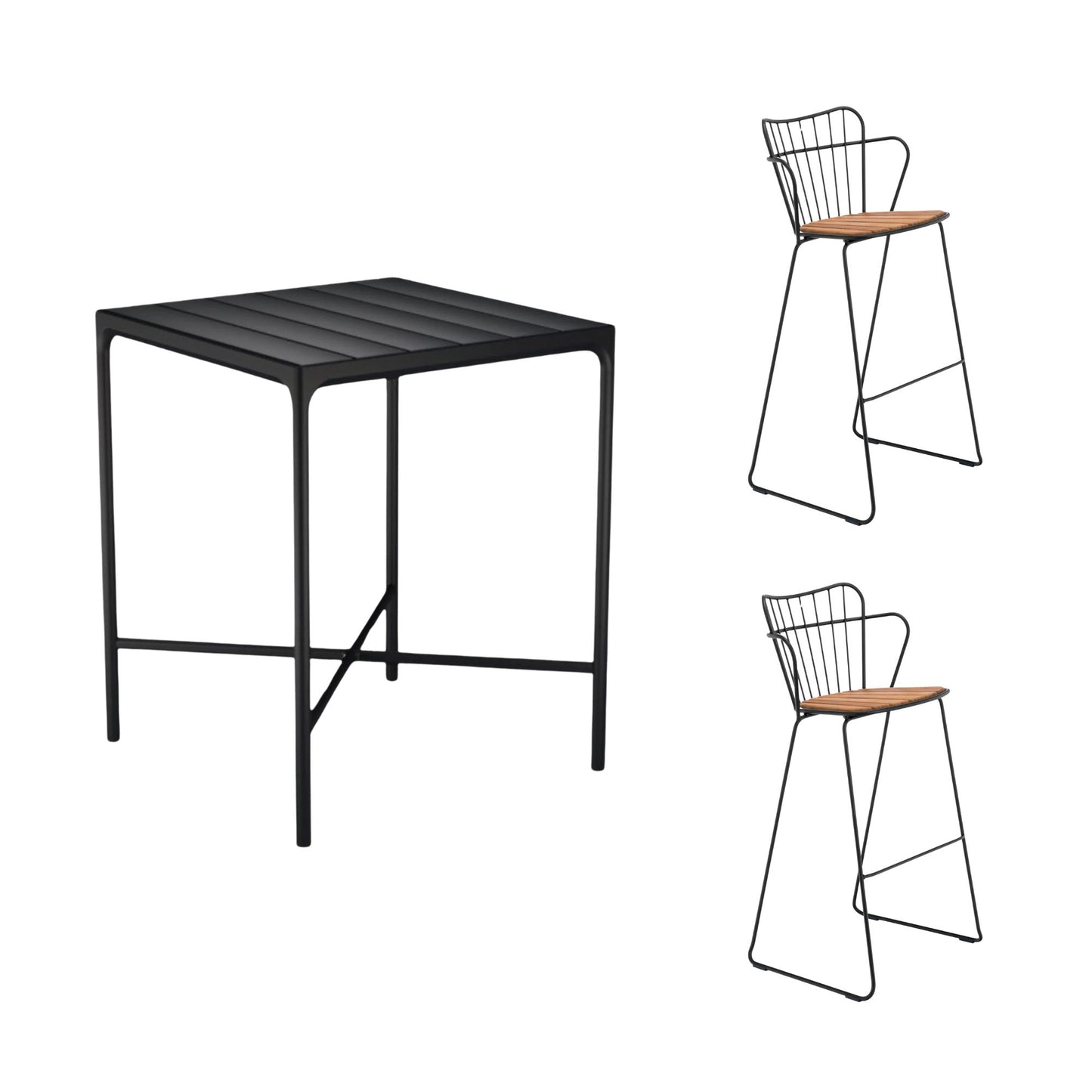 Four Square Black Bar Table (90cm) with 2 Paon Bar Chairs - Bamboo & Black