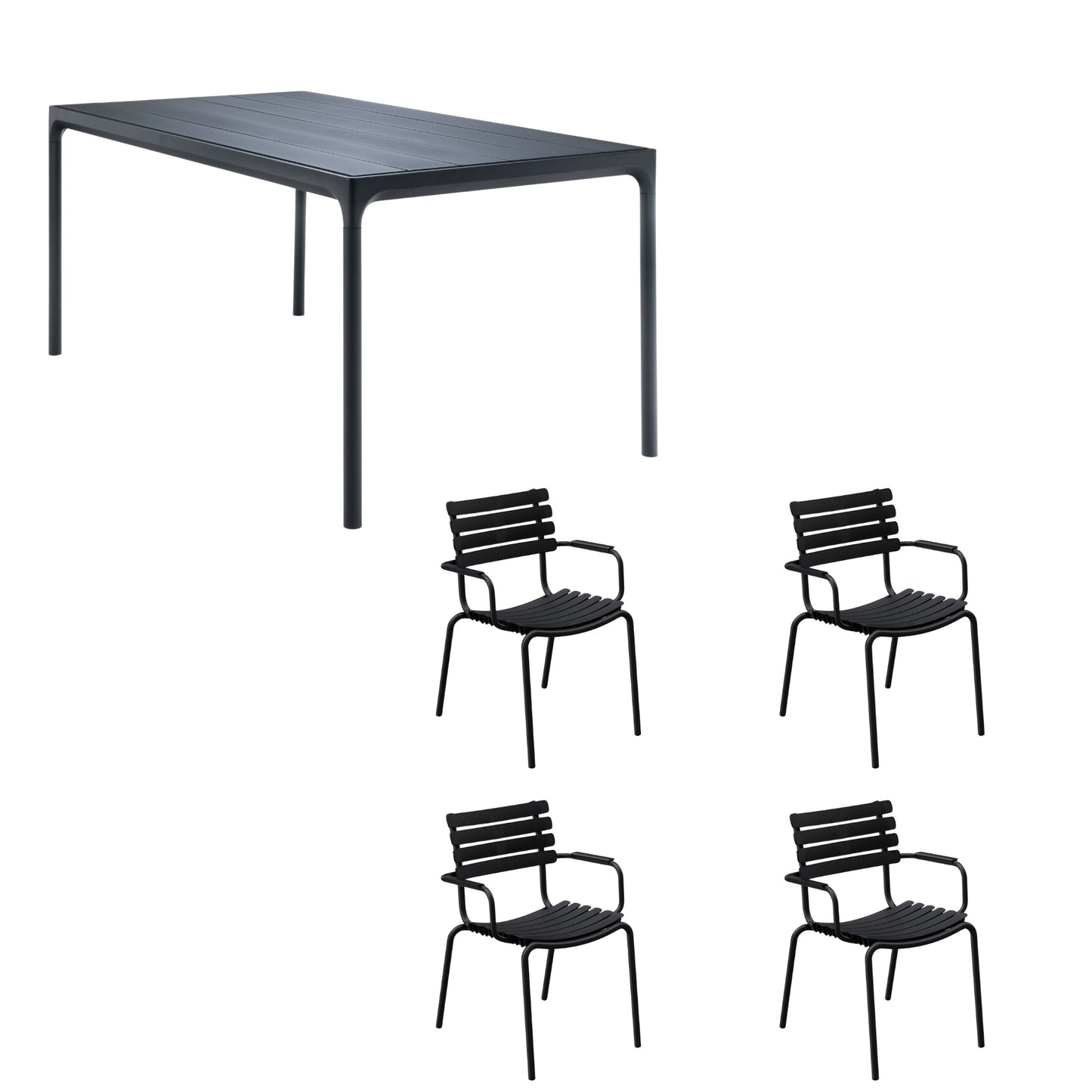 Four Table Black (160cm) with 4 Dining Chairs - Black