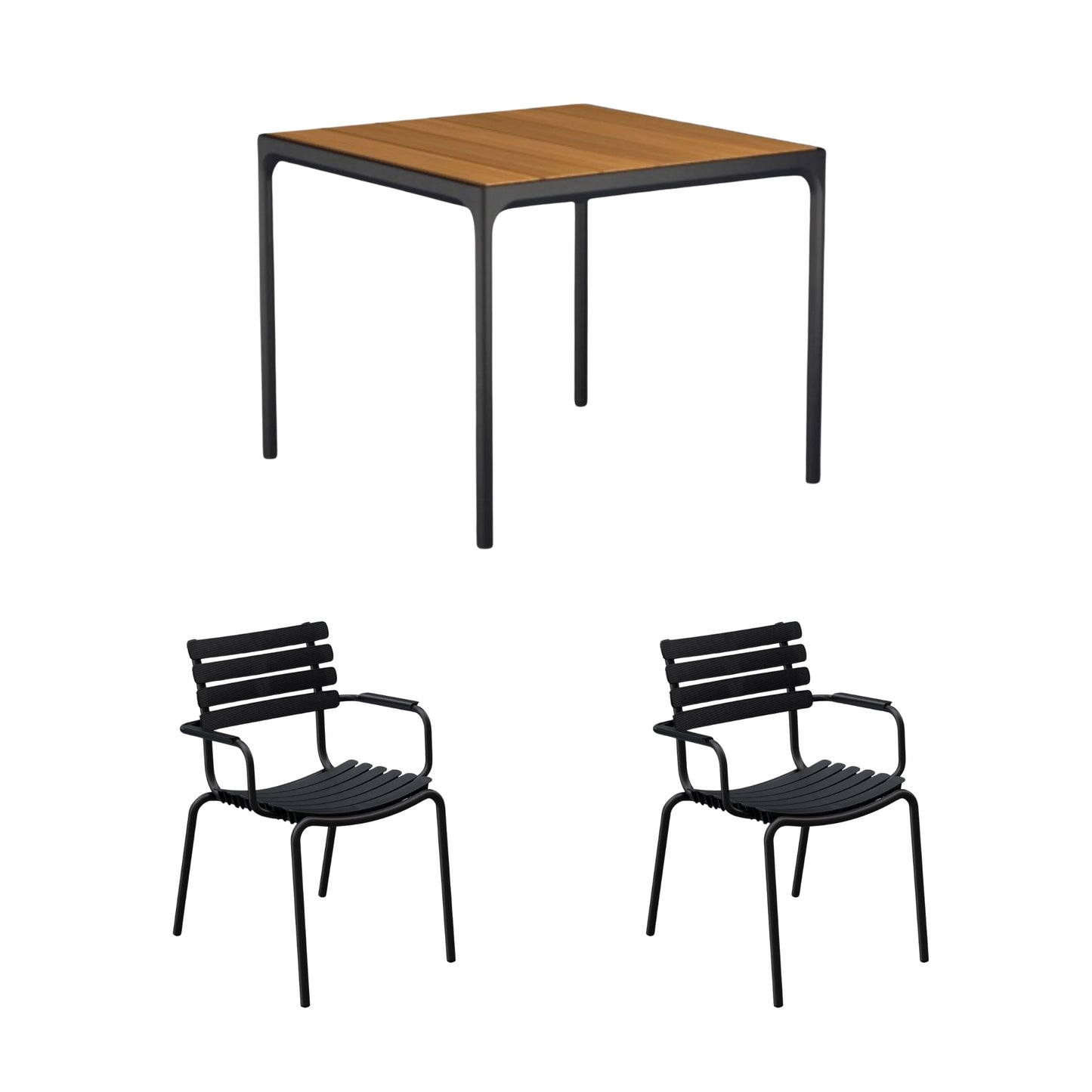 Four Square Table Bamboo (90cm) with 2 Dining Chairs - Black