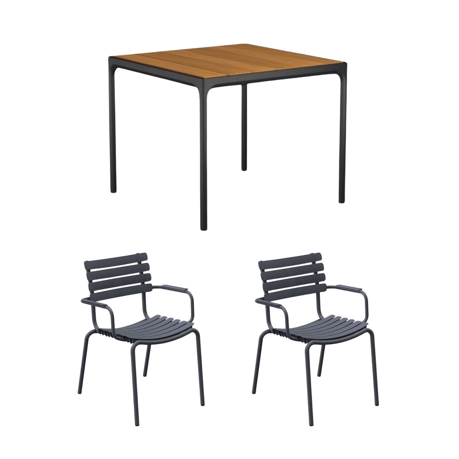 Four Square Table Bamboo (90cm) with 2 Dining Chairs - Dark Grey