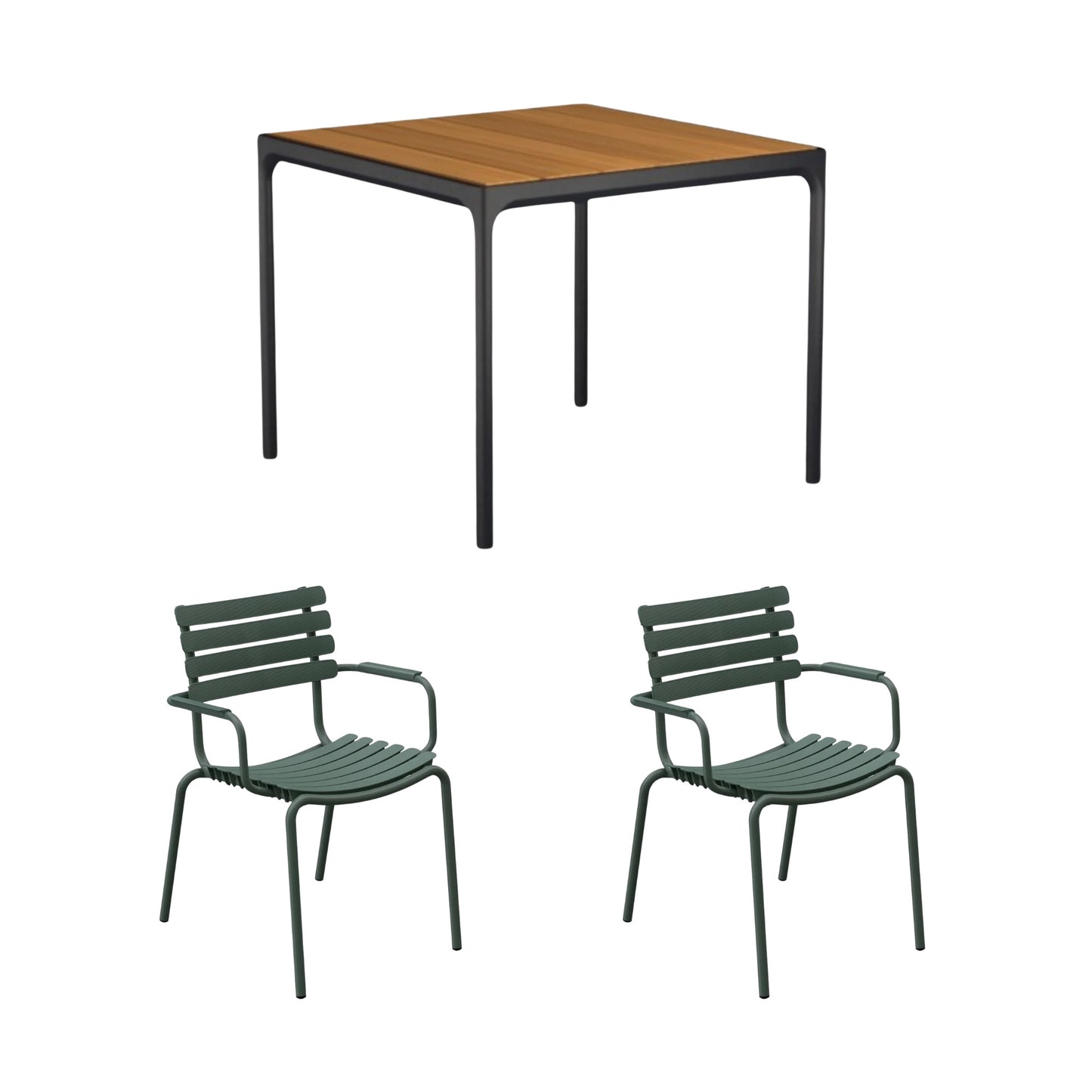 Four Square Table Bamboo (90cm) with 2 Dining Chairs - Olive Green