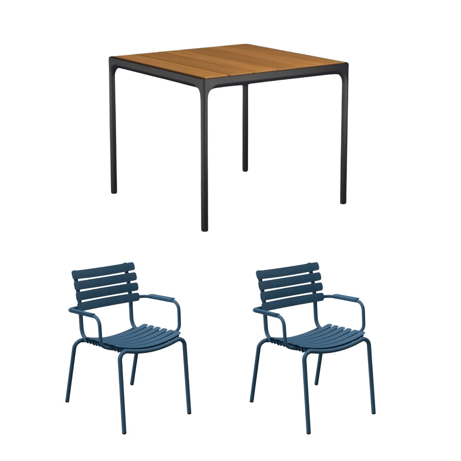 Four Square Table Bamboo (90cm) with 2 Dining Chairs - Sky Blue