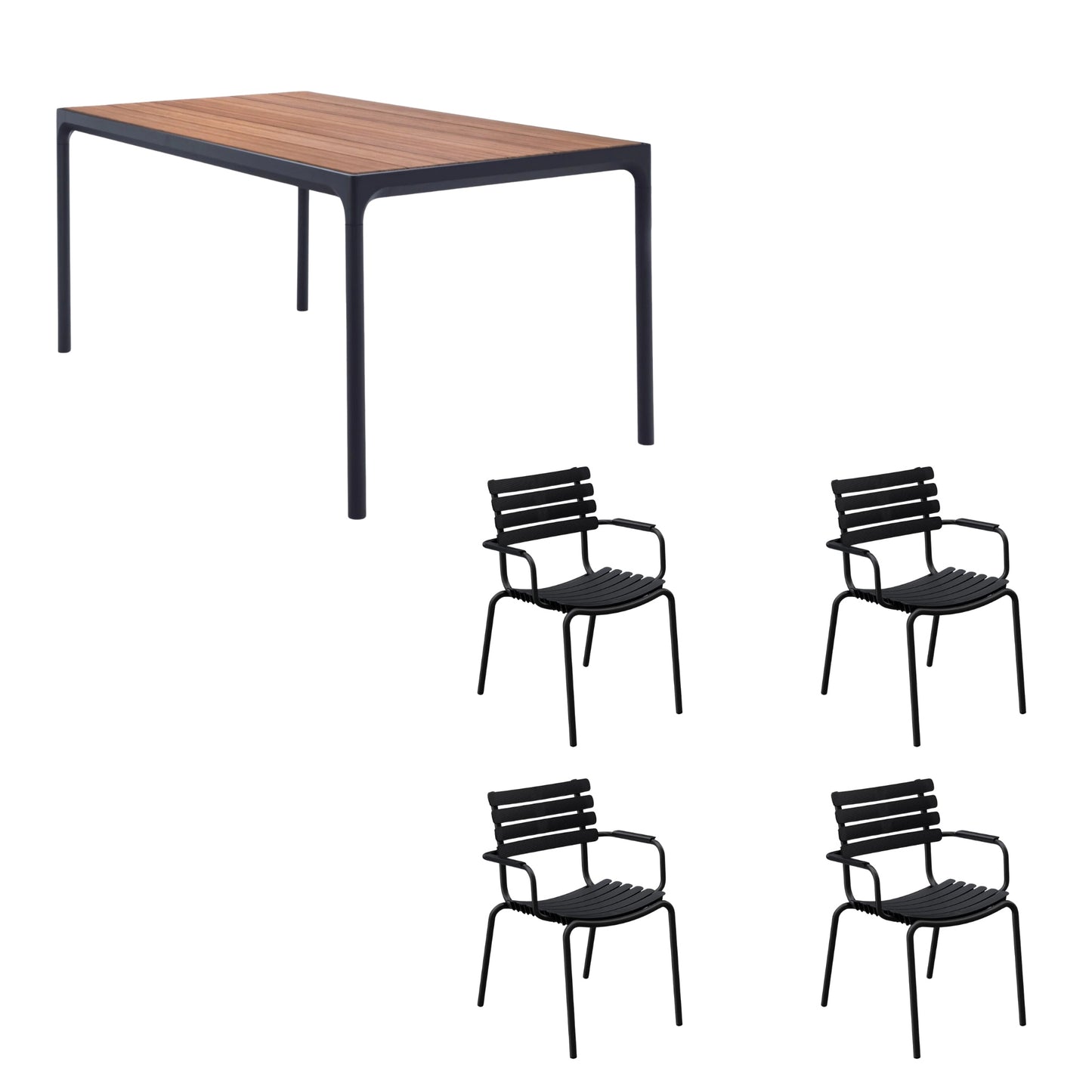 Four Table Bamboo (160cm) with 4 Dining Chairs - Black