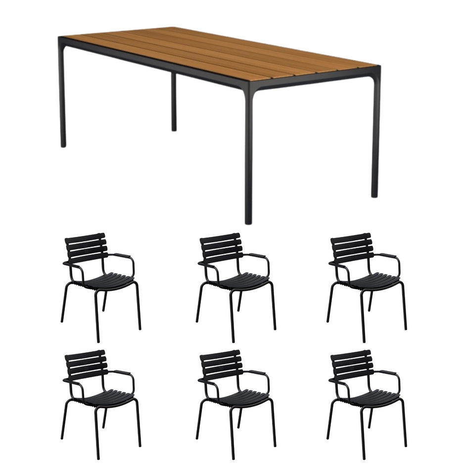 Four Table Bamboo (210cm) with 6 Dining Chairs - Black