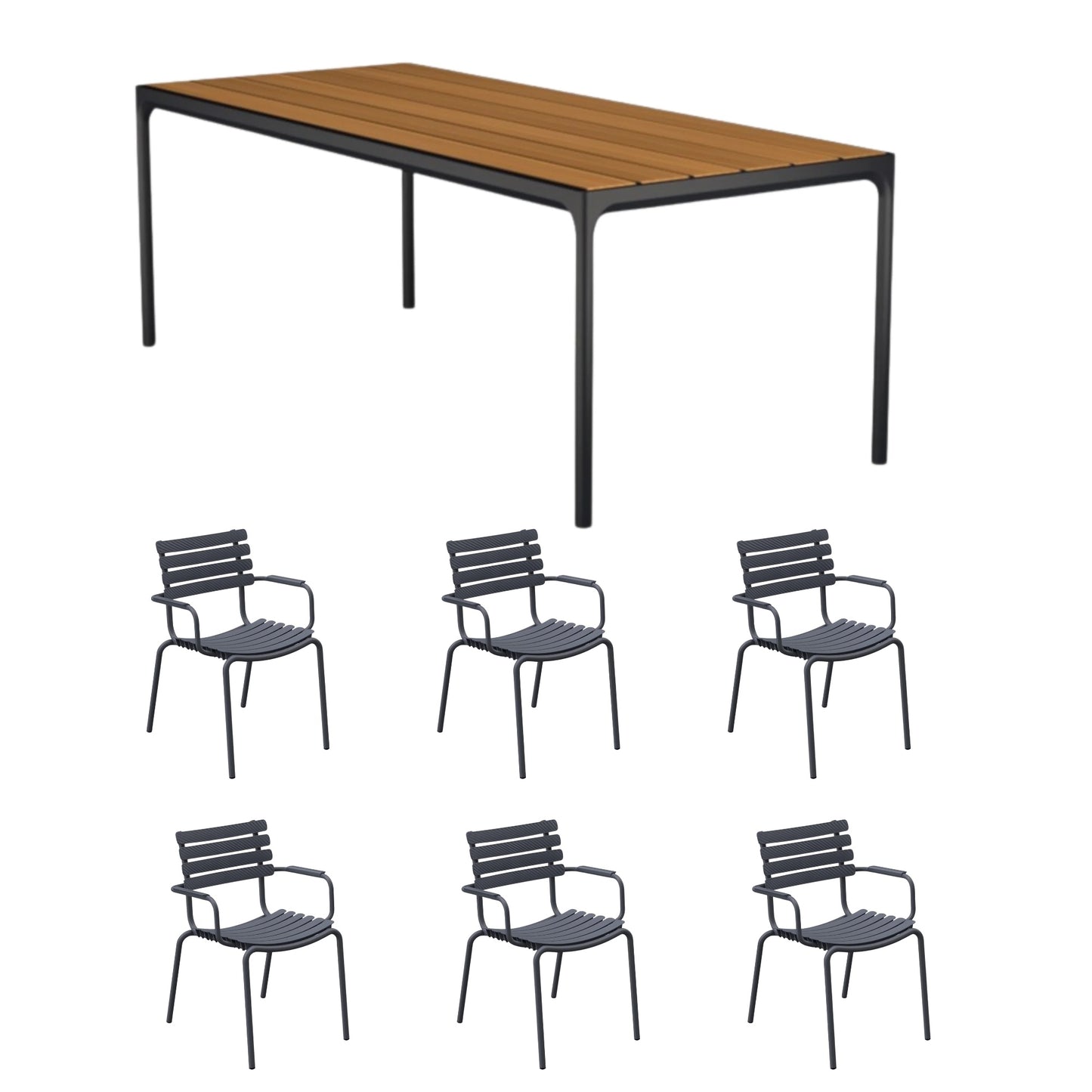 Four Table Bamboo (210cm) with 6 Dining Chairs - Dark Grey