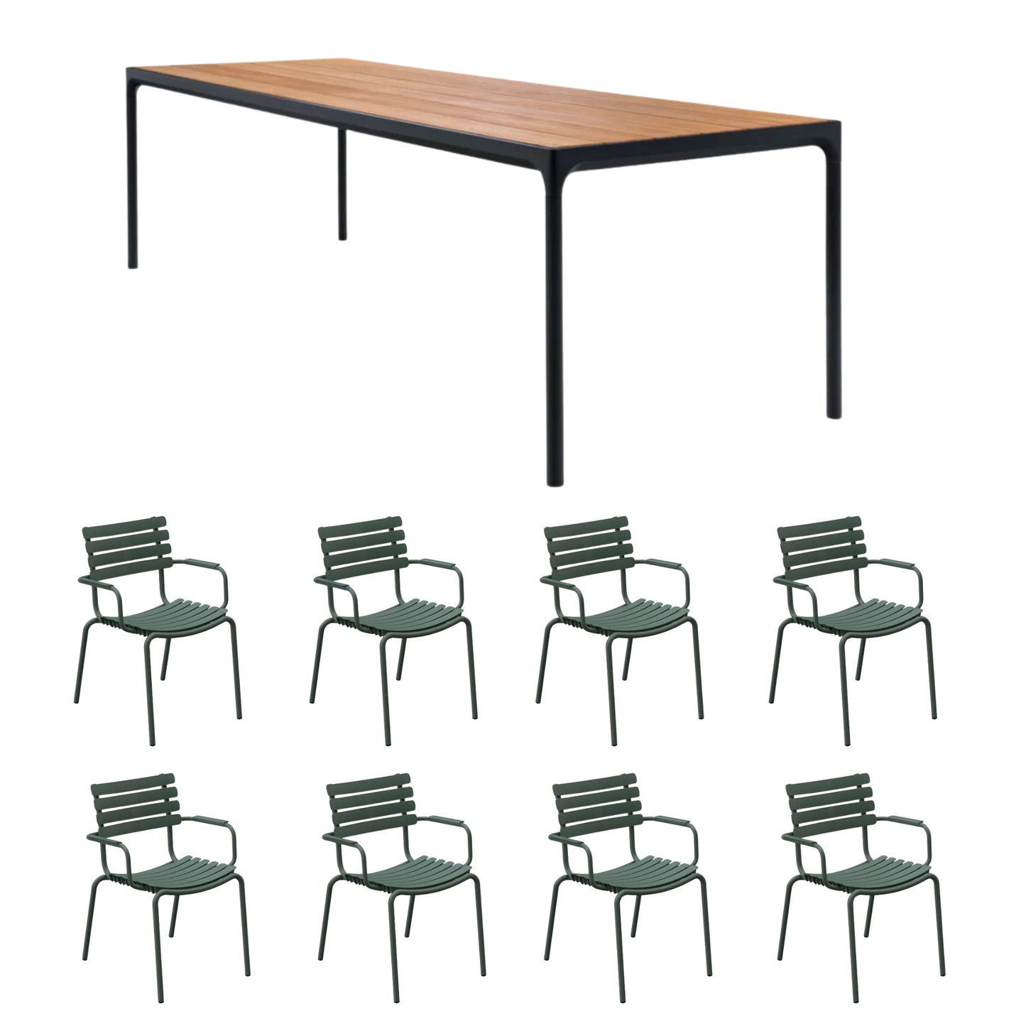 Four Table Bamboo (270cm) with 8 Dining Chairs - Olive Green