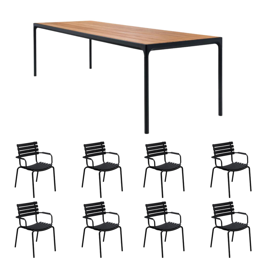 Four Table Bamboo (270cm) with 8 Dining Chairs - Black