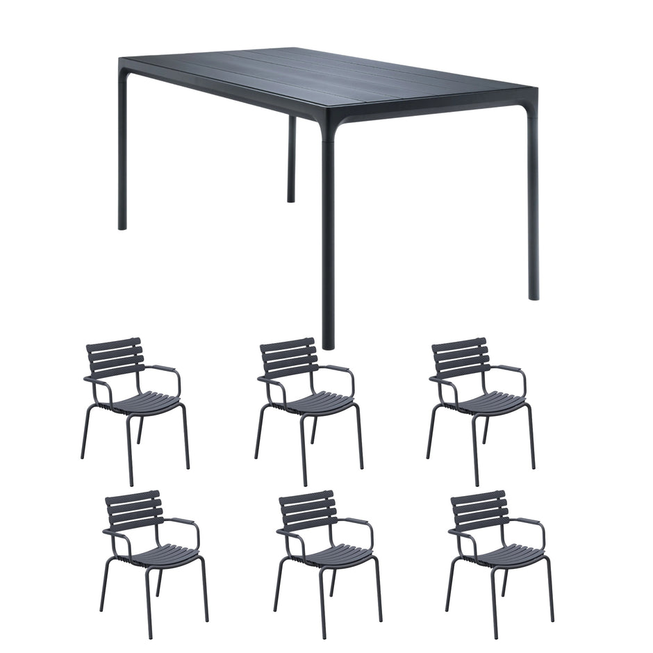 Four Table Black (210cm) with 6 Dining Chairs - Dark Grey