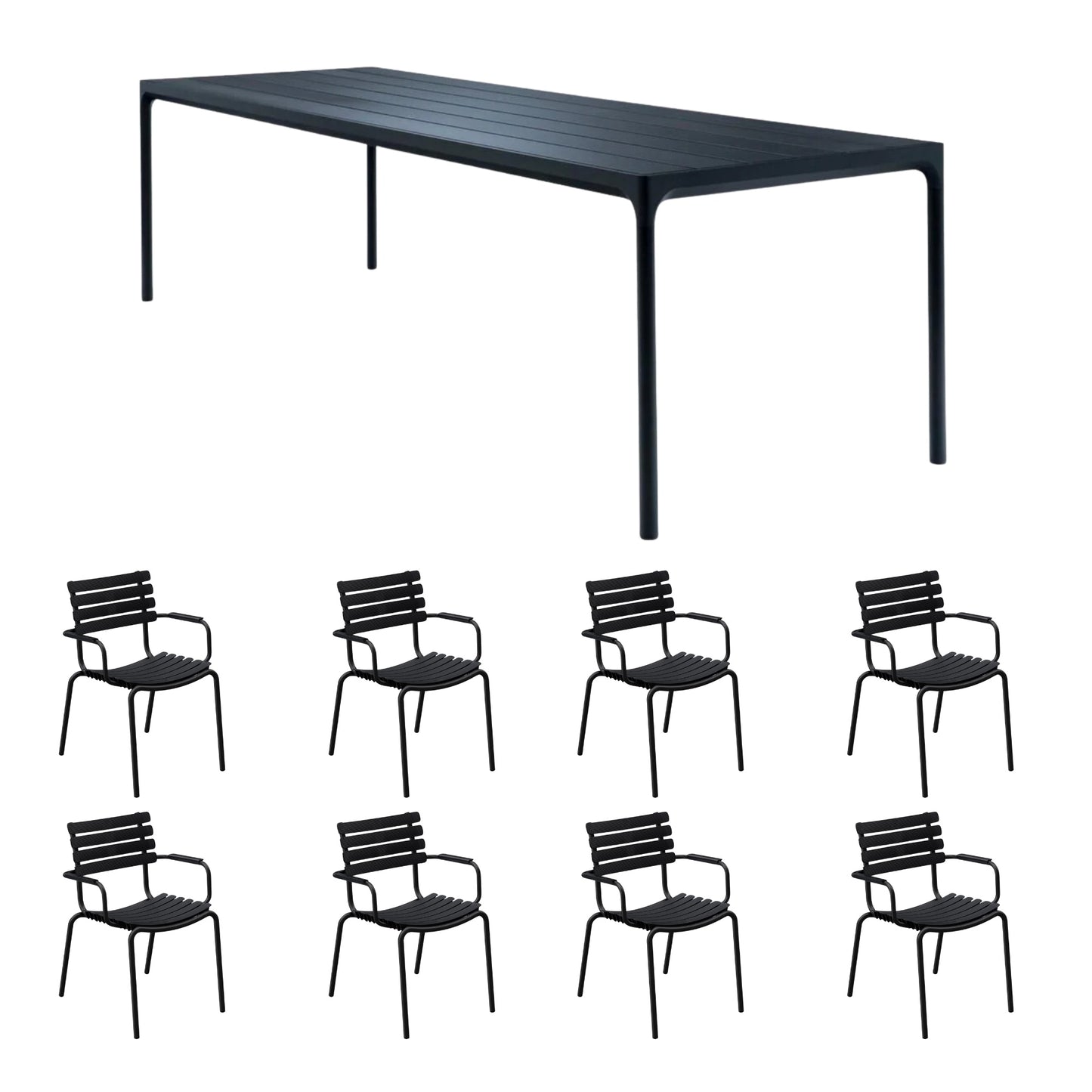 Four Table Black (270cm) with 8 Dining Chairs - Black