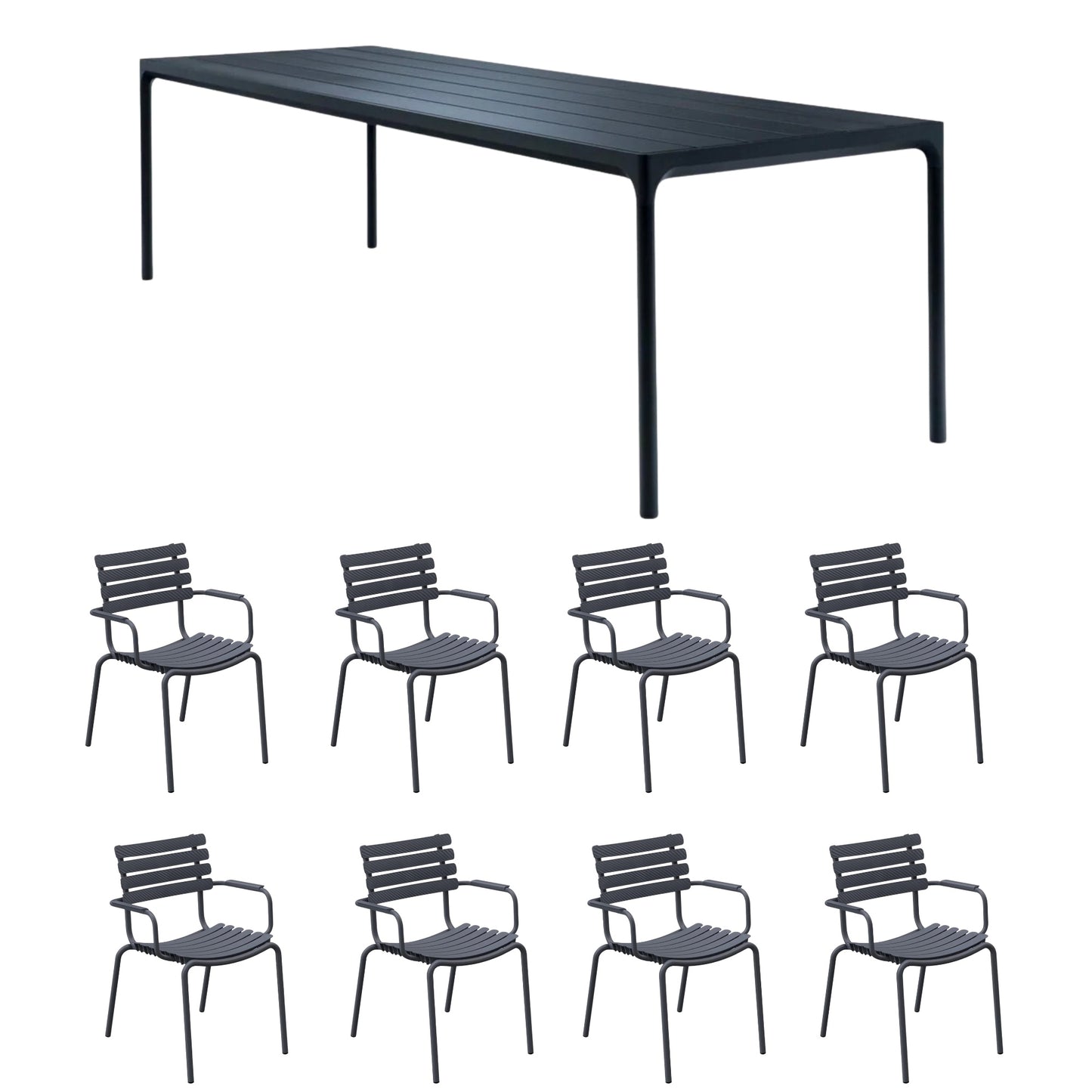 Four Table Black (270cm) with 8 Dining Chairs - Dark Grey