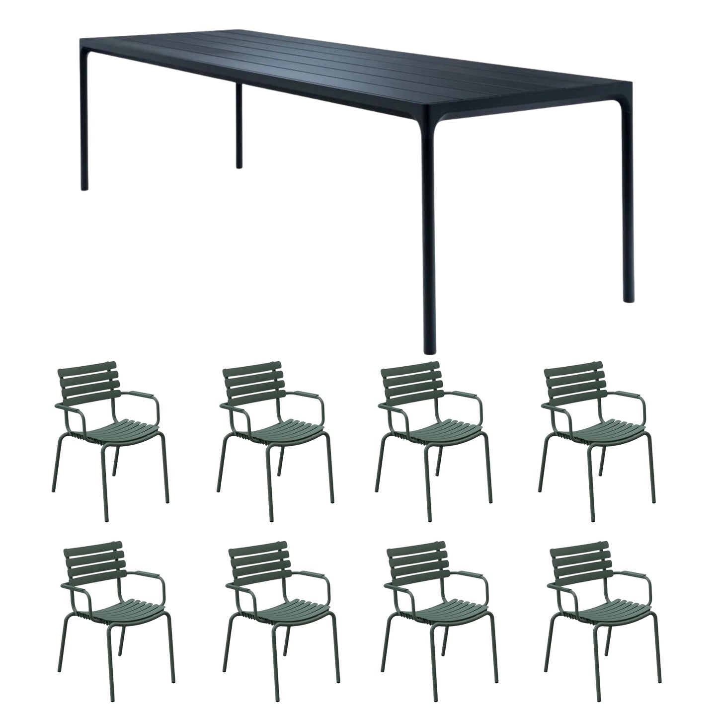 Four Table Black (270cm) with 8 Dining Chairs - Olive Green