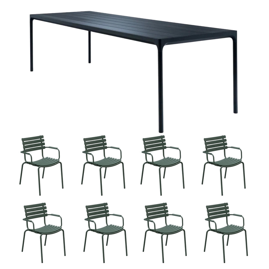 Four Table Black (270cm) with 8 Dining Chairs - Olive Green