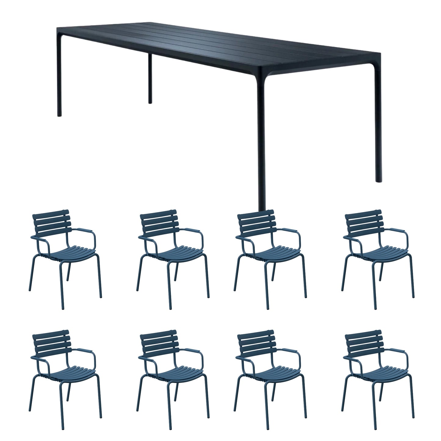 Four Table Black (270cm) with 8 Dining Chairs - Sky Blue