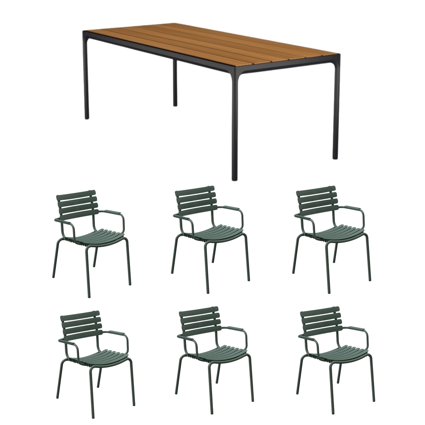 Four Table Bamboo (210cm) with 6 Dining Chairs - Olive Green