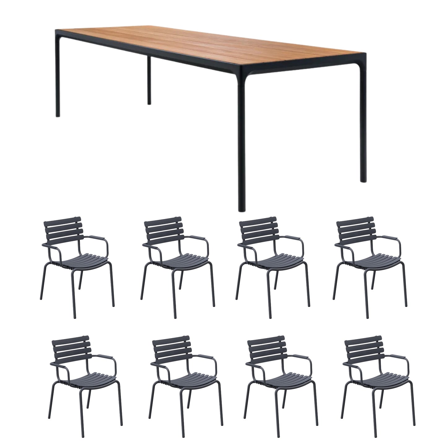 Four Table Bamboo (270cm) with 8 Dining Chairs - Dark Grey