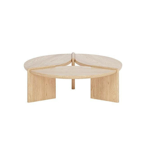 Corner coffee table with a light wood finish on a white background