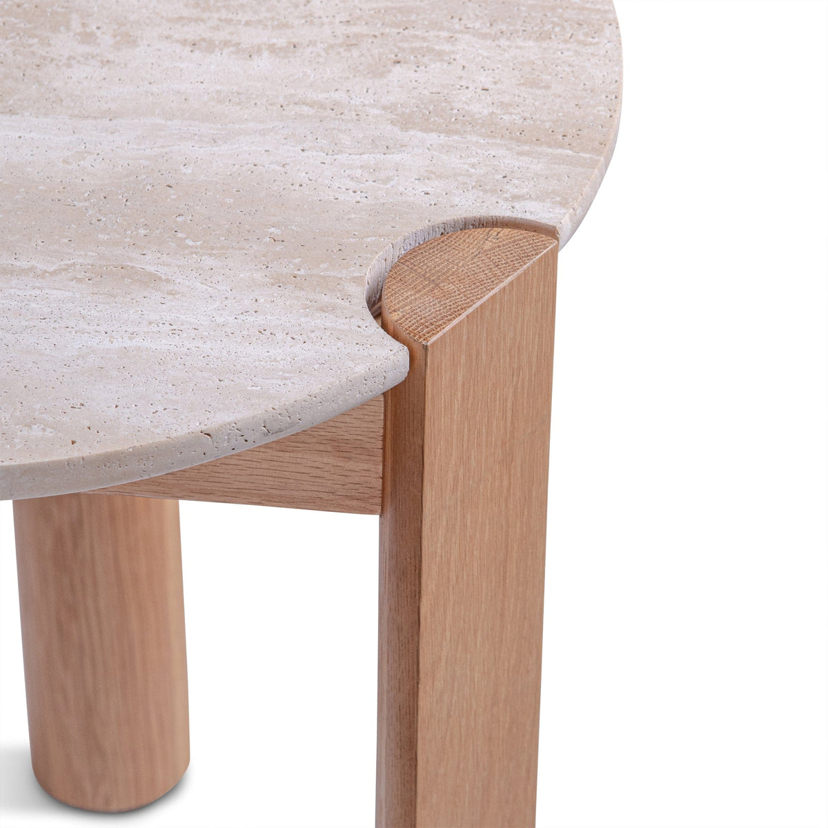 Round stone and wood side table close-up