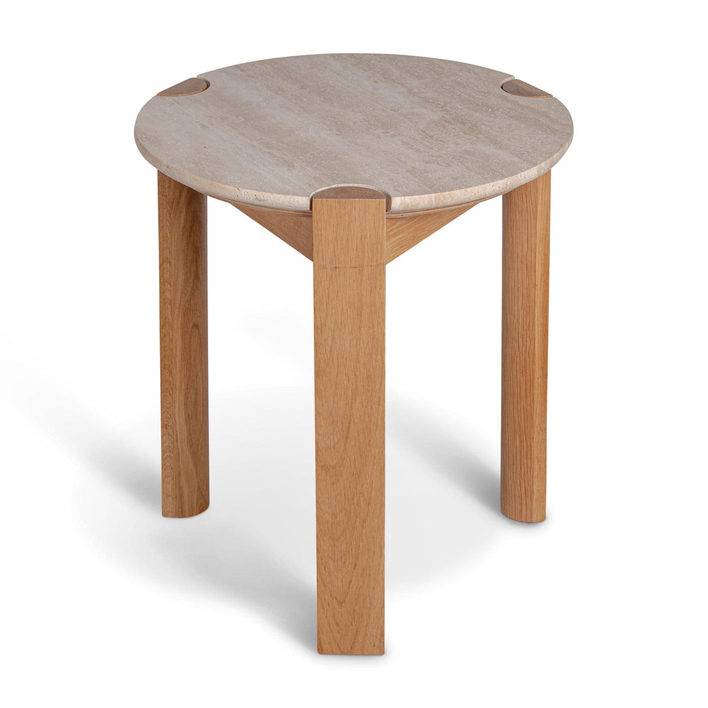 Wooden stool with round top and three legs.