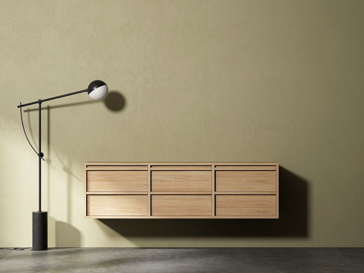 Modern floating wooden cabinet with floor lamp