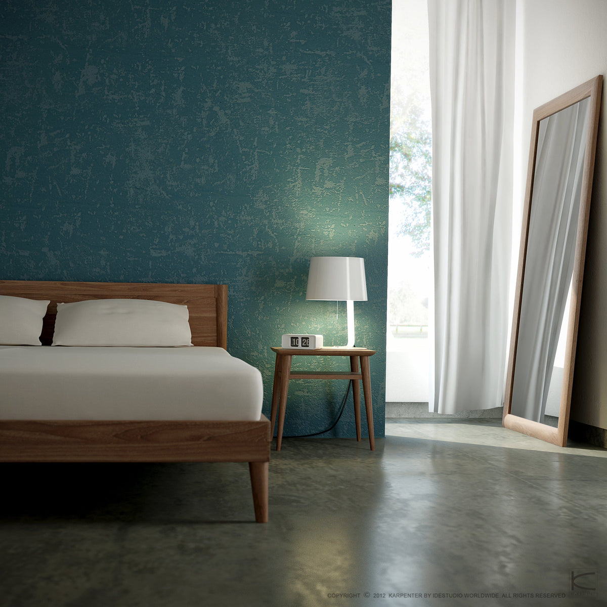 KARPENTER Vintage Bedroom with Teal Wall, Bed, Mirror, and Lamp