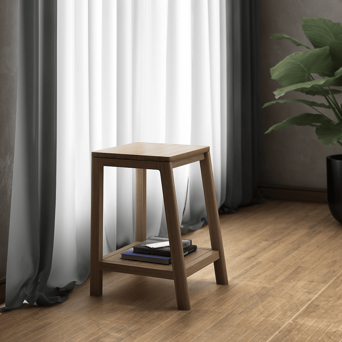 KCC24O wooden side table with books, near window and plant