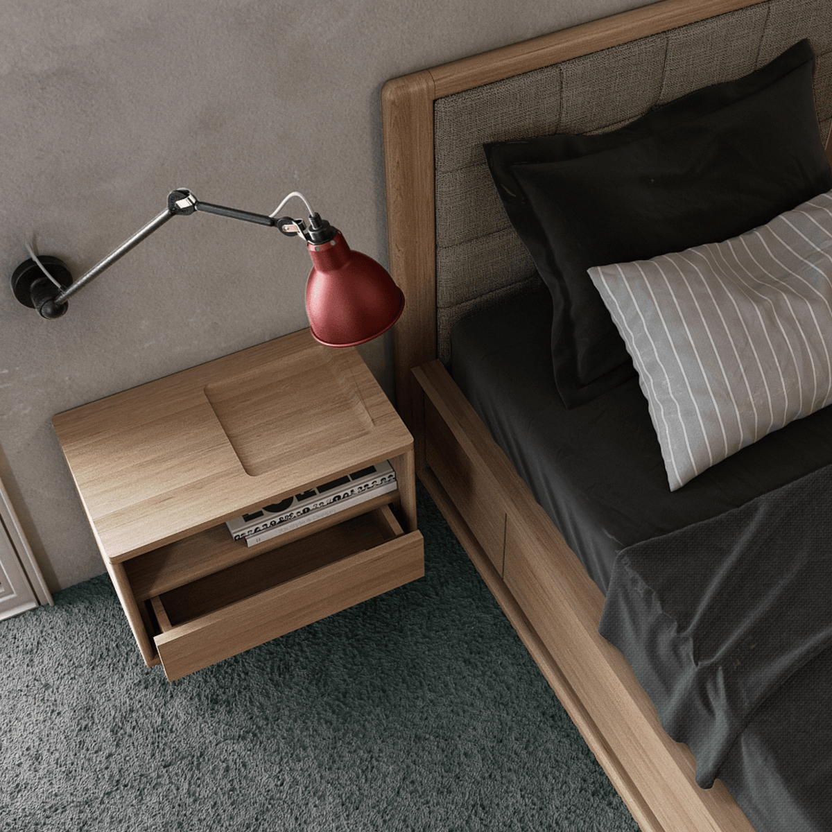 KCC39LO wooden bedside table with lamp and bed