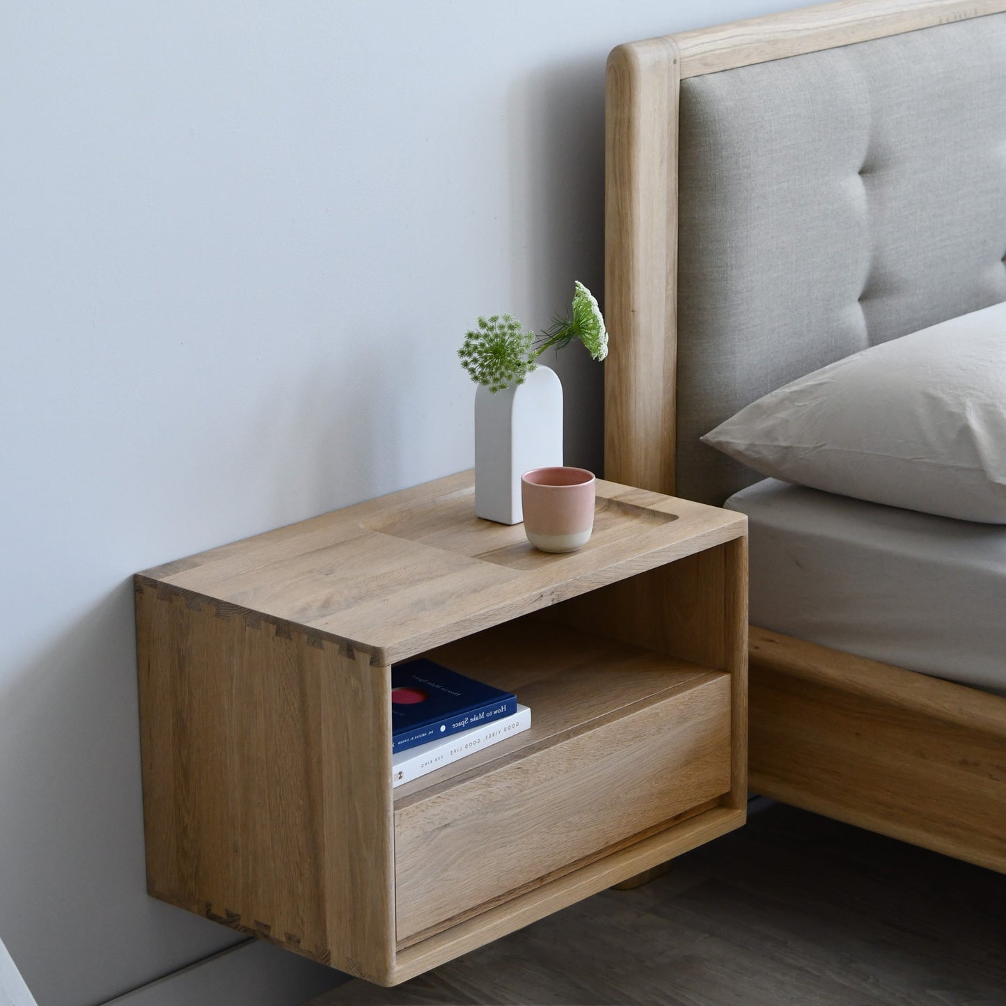 Taku King Bed with 2 Floating Bedside Tables - European Oak