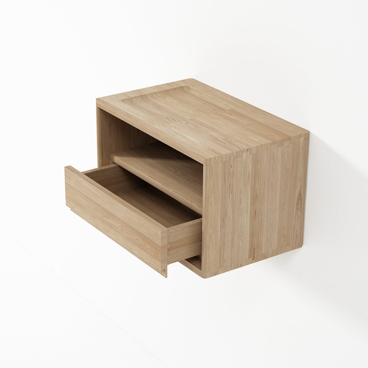 Wooden floating side table with a drawer on a white background