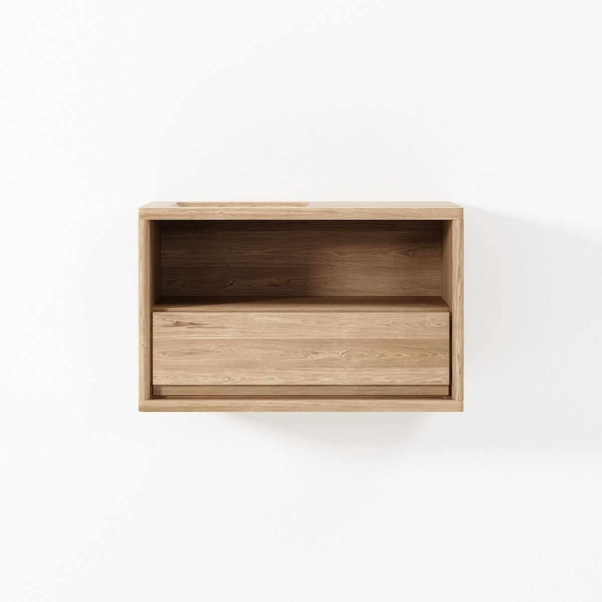 Wooden floating shelf with a drawer on a white background