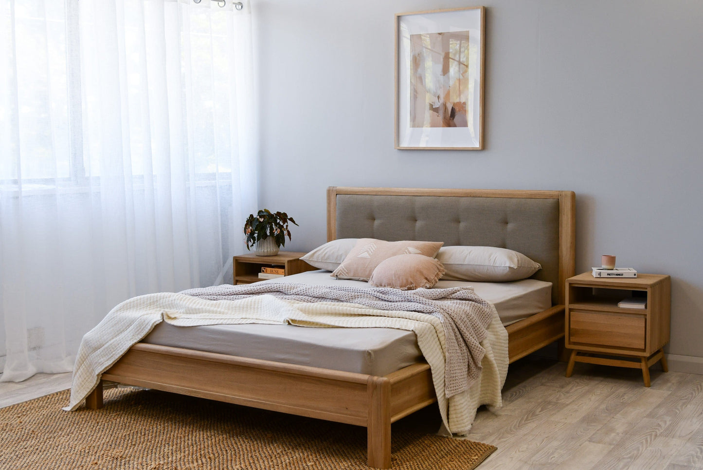 KCC41OKT033O_1 bed frame with upholstered headboard and nightstands