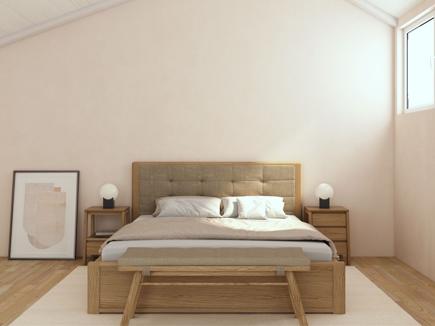 Circa Queen Bed without Storage - European White oak and fabric Headboard