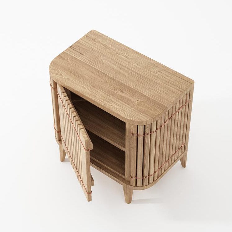 Wooden cabinet with bamboo-style details, open door