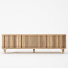 Wooden KKP05O-2 TV stand with vertical slat design.